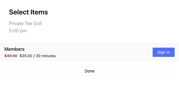 Select Items screen showing Members rate and Sign In button